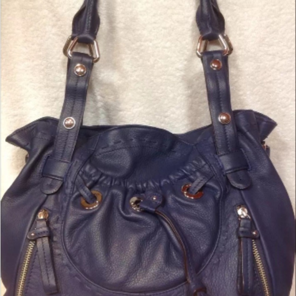Classic Navy Drawstring Shoulder Bag with Gold Hardware